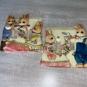 Set 2 Takahashi ceramic double light switch plates Mr and Mrs Cottontail bunnies